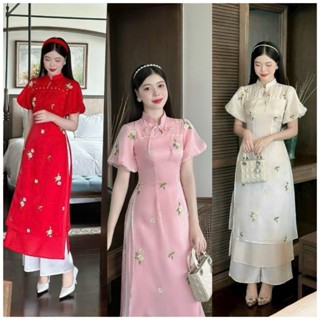 SÉT ÁO DÀI CÁCH TÂN CỘT NƠ ĐÍNH NGỌC TAY BỒNG CHẤT VẢI VOAN TƠ LÓT LỤA