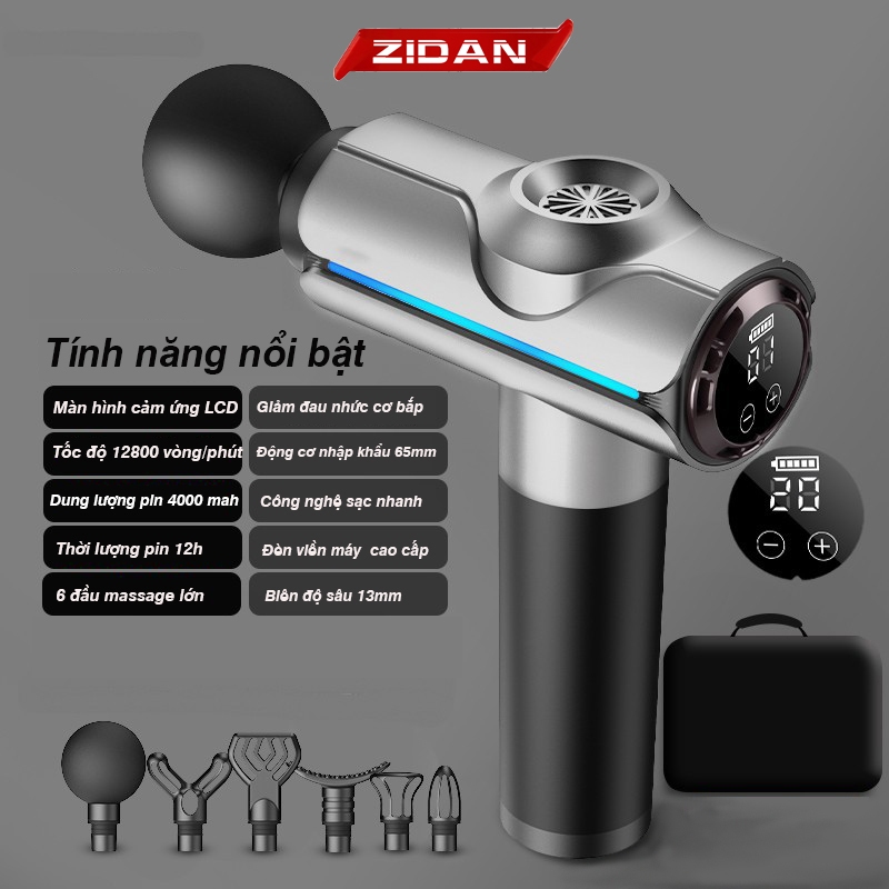 Máy massage cầm tay ZiDan cao cấp không chổi than lực đấm siêu mạnh 12800 vòng/phút,pin 4000 Mah 6 đầu 20 chế độ