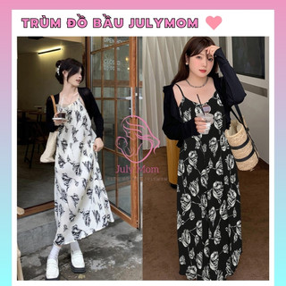 Váy bầu thu đông hoa nhí xinh Kèm Áo khoác ngoài form Babydoll đi dự tiệc công sở JULYMOM 