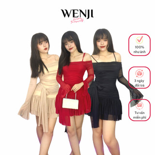 Đầm trễ vai lưới nhún eo nữ Wenji, chân váy xòe Có Quần lót trong, đi chơi đi tiệc sang chảnh