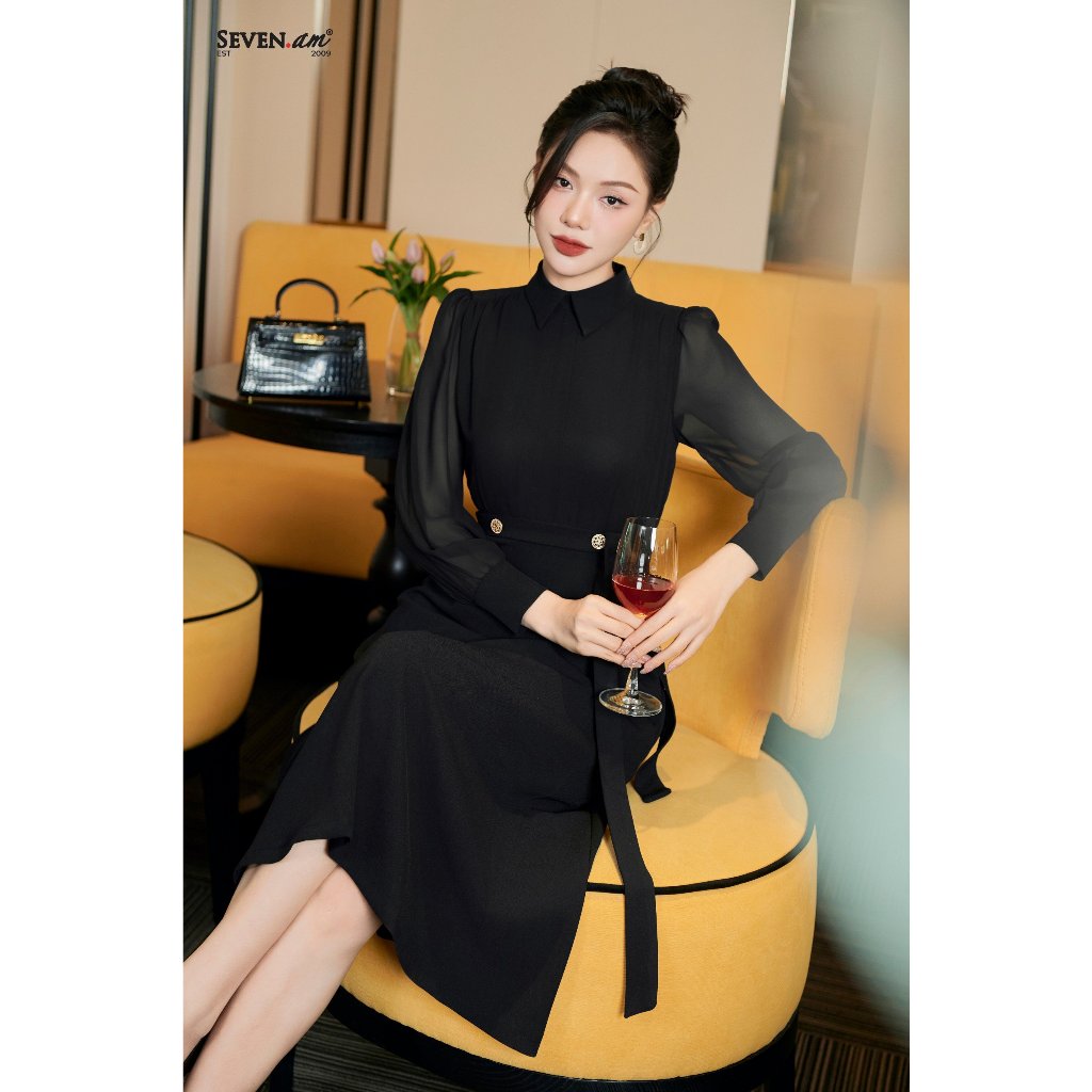 Đầm xoè công sở dài tay đen có đai thời trang nữ Seven.AM OD0072