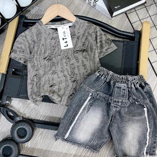 Bộ áo cộc đũi xước , quần đùi jean rách màu xám cho trai size 8-30kg
