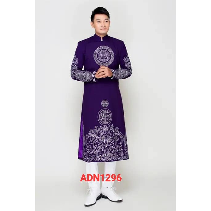 ADN1296 Áo Dài Cách Tân NAM MÀU TÍM vẽ họa tiết cung đình