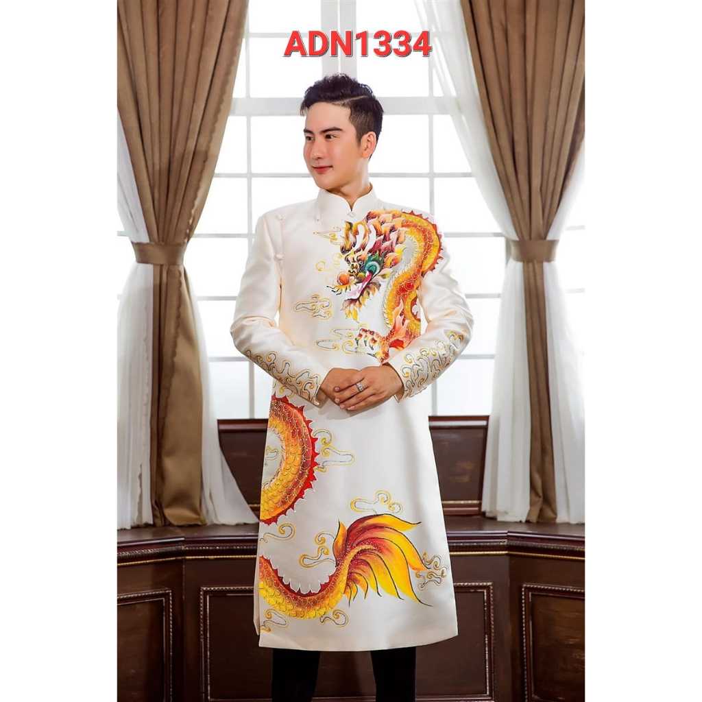 ADN1334 Áo Dài Cách Tân NAM MÀU TRẮNG VẼ HỌA TIẾT RỒNG