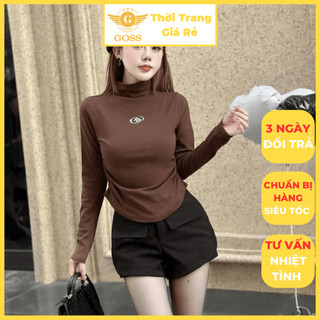Áo Thun Nữ Cổ Lọ Nhún Eo Logo Ngực Trơn Màu Trẻ Trung Basic GOSS GA867 Áo Thun Nữ Dài Tay Mùa Thu Đông Freesize