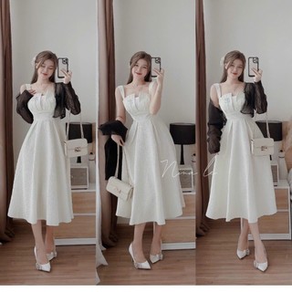 Đầm nữ cúp ngực 2 dây gấm xốp y mẫu và áo khoác ren lưới xinh xắn phù hợp đi chơi và dự tiệc<MOMO SHOP>