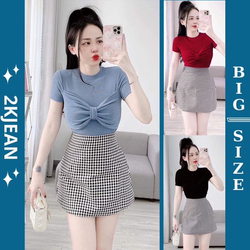 Áo Thun nữ cổ tròn kiểu nơ 2KJeans Bigsize 55kg-85kg, áo thun tay ngắn chất thun nhũ mềm mát siêu gi