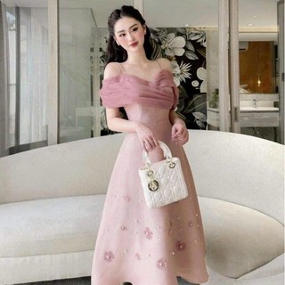 Đầm thời trang nữ mặc đi dự tiệc chất tapta trễ vai có mút ngực phối lưới váy xòe maxi có đính hoa siêu xinh