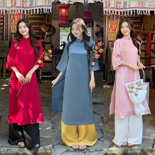 Áo dài nữ cách tân lụa mềm đính cúc ngọc tay lửng kèm quần lụa