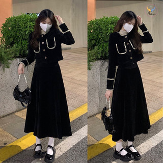 Set nhung pha ren dài tay, set áo nhung mix chân váy dài nhung tiểu thư, sang chảnh P20