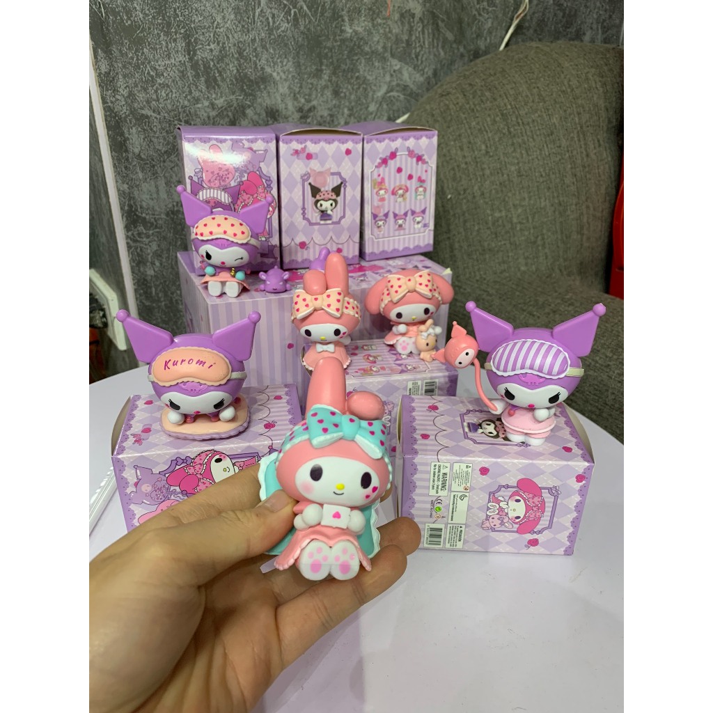 Mô hình mini size 6-8cm trang trí bàn học bánh kem hoạt hình Sanrio Melody vs Kuromi tiệc trà dễ thương