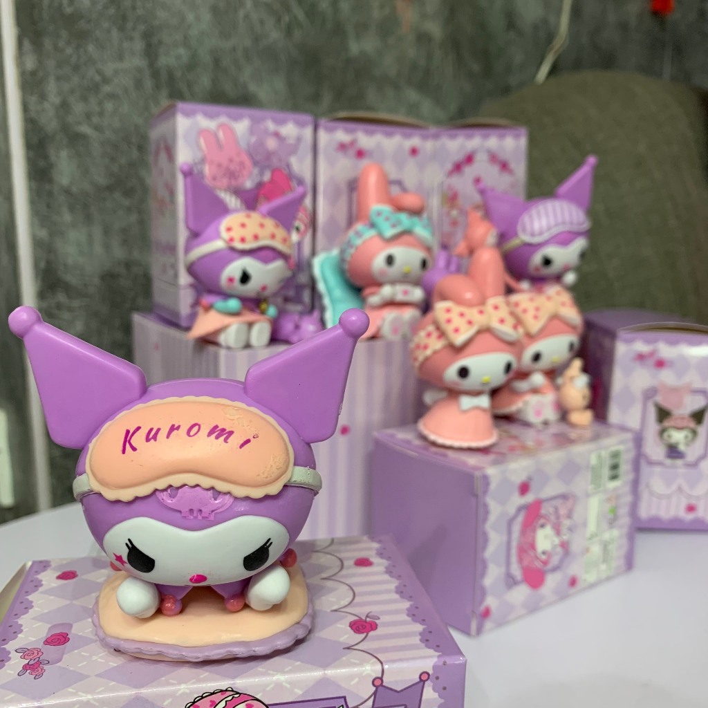 Mô hình mini size 6-8cm trang trí bàn học bánh kem hoạt hình Sanrio Melody vs Kuromi tiệc trà dễ thương