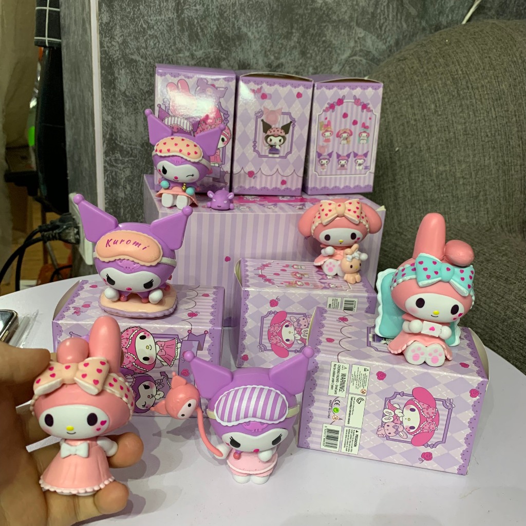 Mô hình mini size 6-8cm trang trí bàn học bánh kem hoạt hình Sanrio Melody vs Kuromi tiệc trà dễ thương