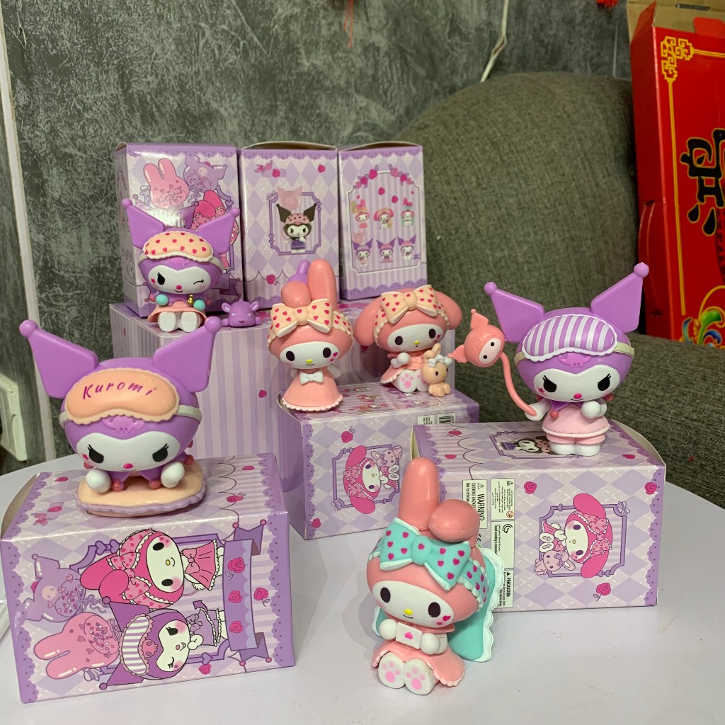 Mô hình mini size 6-8cm trang trí bàn học bánh kem hoạt hình Sanrio Melody vs Kuromi tiệc trà dễ thương