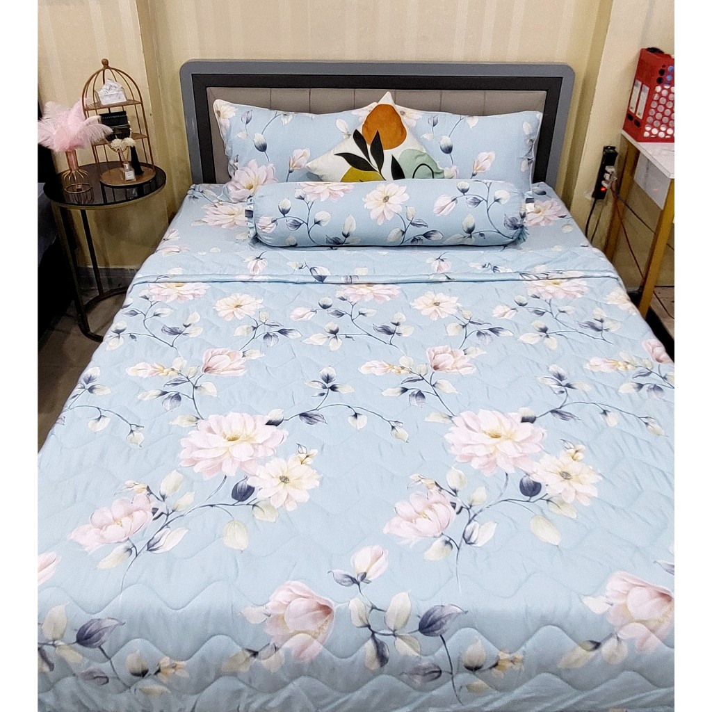 🔖FLASH SALE🔖 Bộ Chăn Ga Gối Lụa Tencel Than Hoạt Tính Cao Cấp, Bộ 5 Món Gồm Chăn Chần Bông Thoáng Mát_Nemtot Bedding