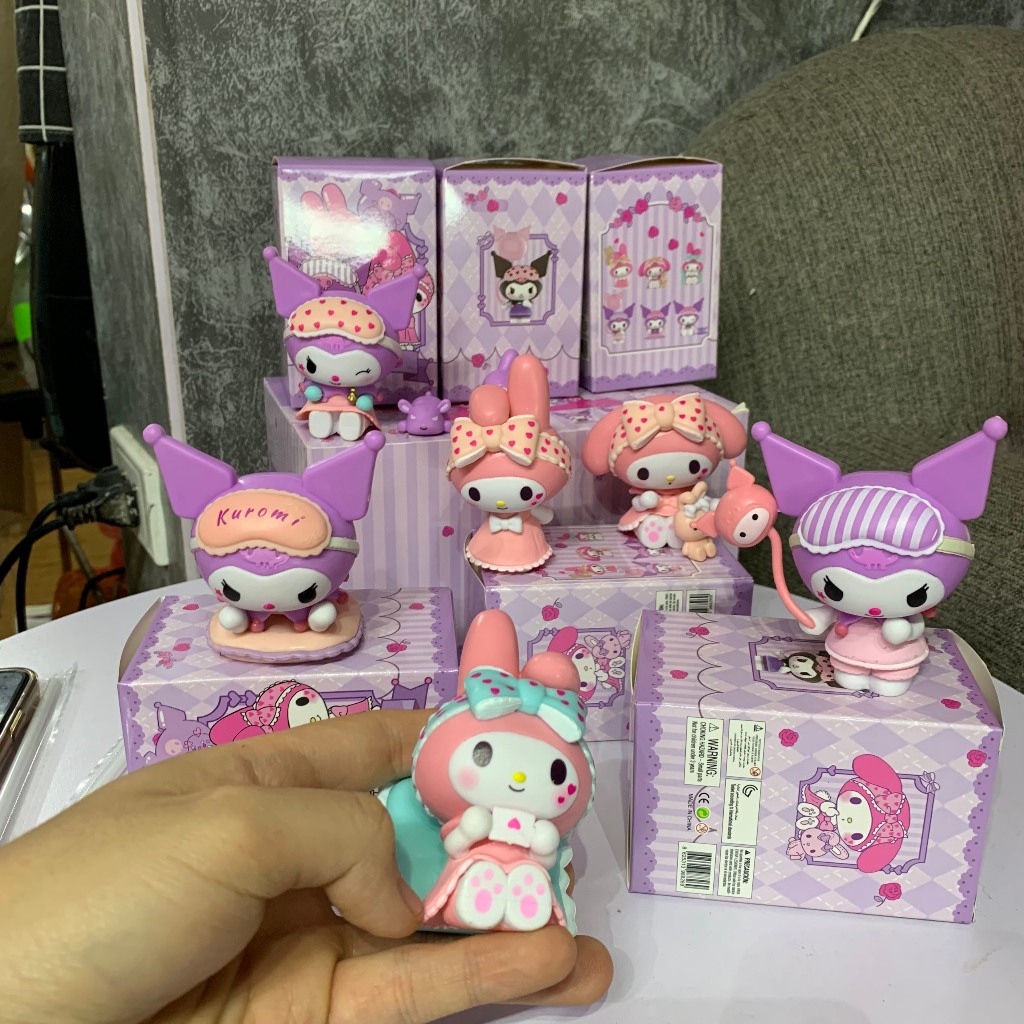 Mô hình mini size 6-8cm trang trí bàn học bánh kem hoạt hình Sanrio Melody vs Kuromi tiệc trà dễ thương