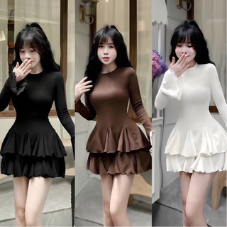 Set đầm tăm lạnh tay dài dáng tung xoè ngắn + váy 2 lớp tùng xoè có lót quần