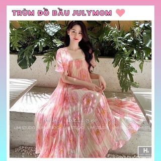 Đầm Bầu dáng dài Xinh Thiết Kế Hoa xinh xắn Chất lụa voan dập ly hai lớp đi dự tiệc công sở đẹp thời trang JULYMOM