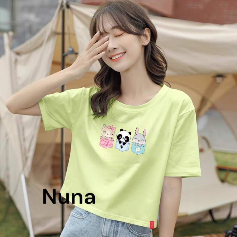 Áo Croptop Thun Nữ Form Rộng Tay Ngắn Cổ Tròn Hình In Mèo Gấu Thỏ 0124