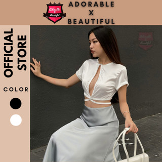 Áo tay ngắn lụa trơn cột dây trắng đen, áo croptop mặc 2 kiểu trước sau sang trọng