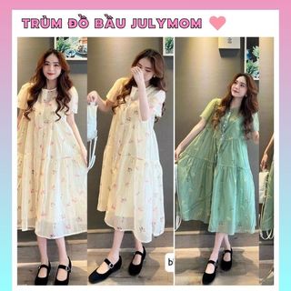 Đầm Bầu babydoll thiết kế hoa nhí chất liệu voan tơ 2 lớp dáng dài đi dự tiệc công sở thời trang