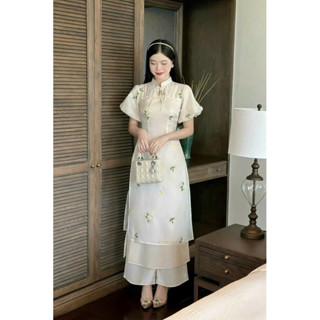 Sét áo dài thời trang nữ mặc Tết chất voan ánh kim 2 lớp thêu hoa cổ tàu cột dây tay ngắn mix quần phi lụa suông trắng