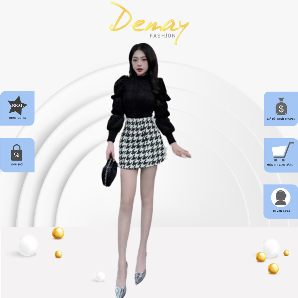 Sét đồ nữ DEMAY, áo tay bồng mix chân váy kẻ dáng bồng đẹp