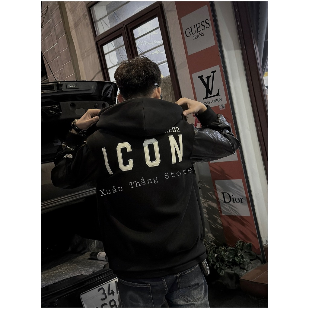 Áo Khoác Bomber Mũ Dạ Phối Tay Da Nam Nữ DSQ Mix Khóa Và Thêu Da Lá Phong Chữ ICON Sau Lưng Chất Liệu Dạ Cao Cấp