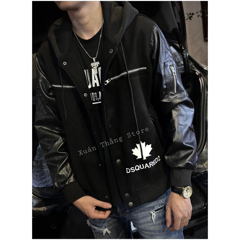 Áo Khoác Bomber Mũ Dạ Phối Tay Da Nam Nữ DSQ Mix Khóa Và Thêu Da Lá Phong Chữ ICON Sau Lưng Chất Liệu Dạ Cao Cấp