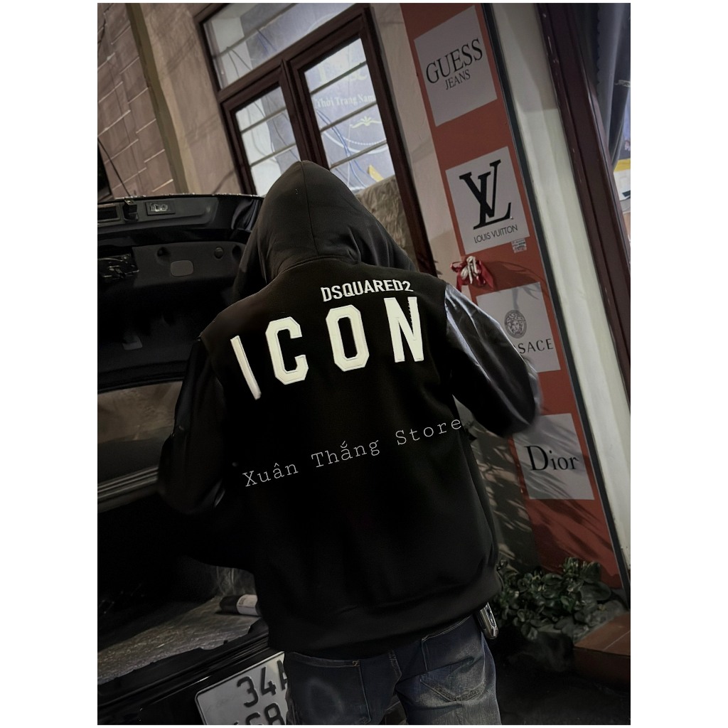 Áo Khoác Bomber Mũ Dạ Phối Tay Da Nam Nữ DSQ Mix Khóa Và Thêu Da Lá Phong Chữ ICON Sau Lưng Chất Liệu Dạ Cao Cấp