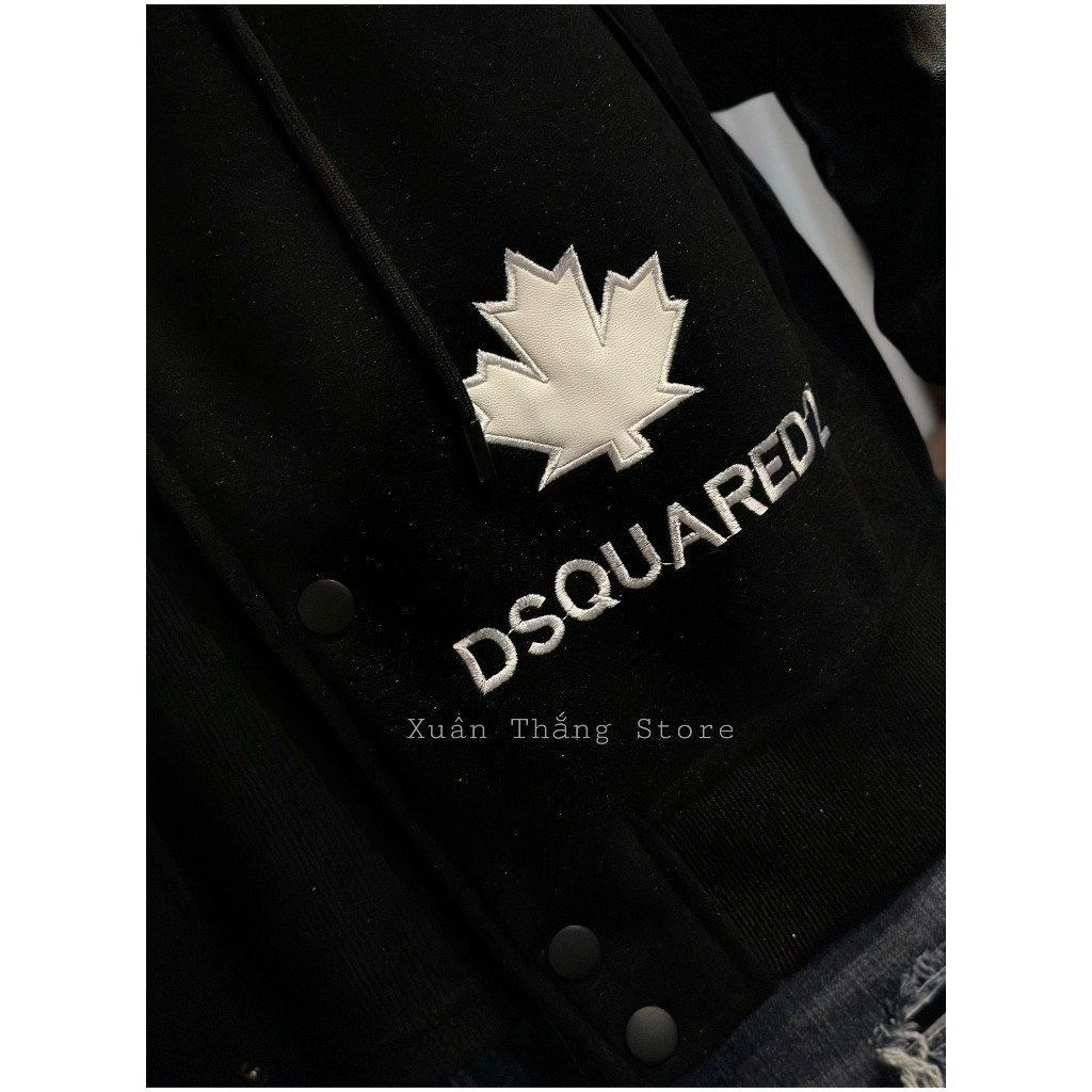Áo Khoác Bomber Mũ Dạ Phối Tay Da Nam Nữ DSQ Mix Khóa Và Thêu Da Lá Phong Chữ ICON Sau Lưng Chất Liệu Dạ Cao Cấp