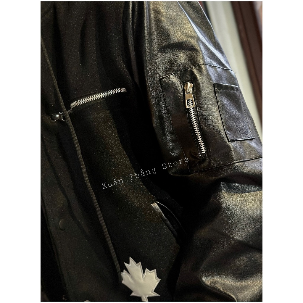 Áo Khoác Bomber Mũ Dạ Phối Tay Da Nam Nữ DSQ Mix Khóa Và Thêu Da Lá Phong Chữ ICON Sau Lưng Chất Liệu Dạ Cao Cấp