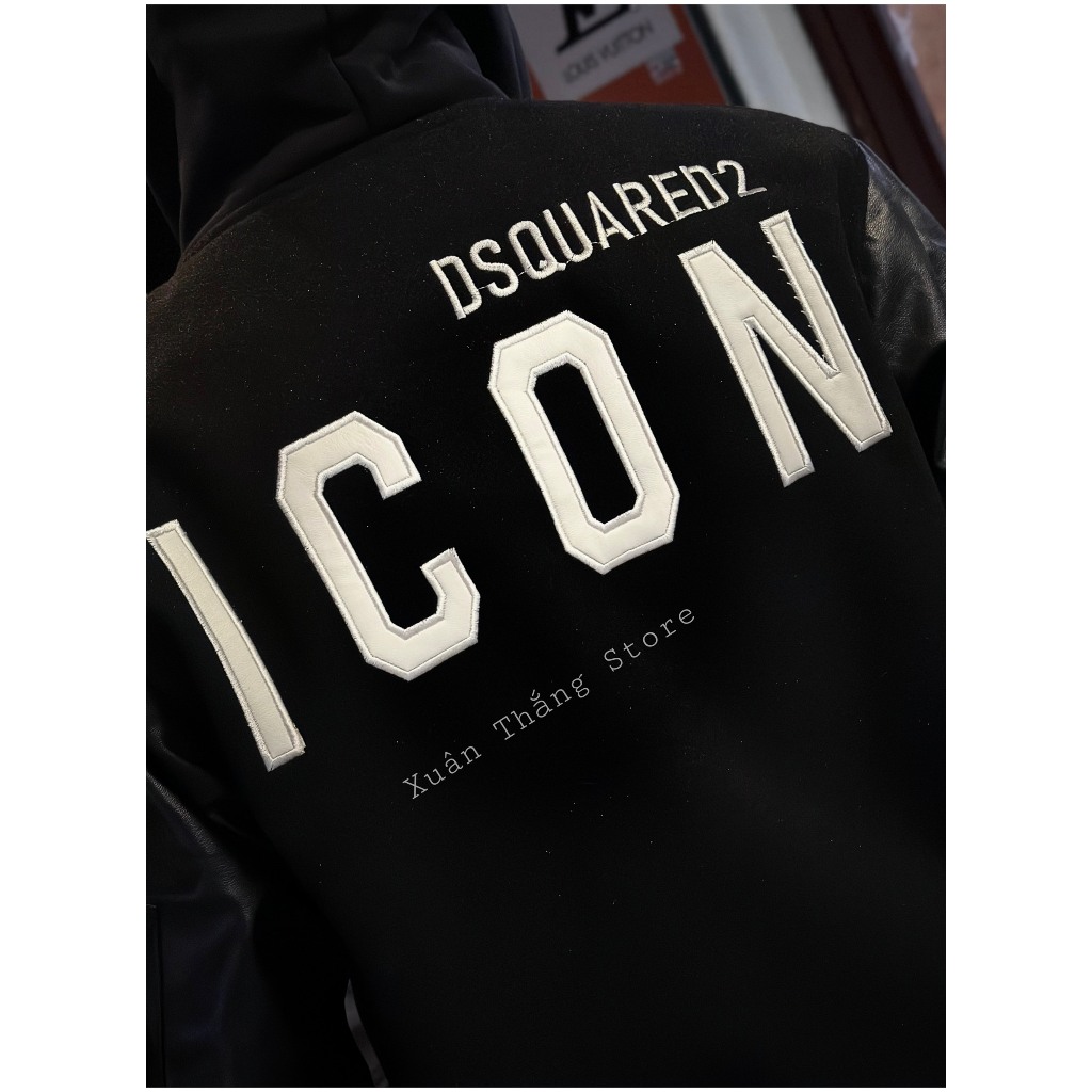 Áo Khoác Bomber Mũ Dạ Phối Tay Da Nam Nữ DSQ Mix Khóa Và Thêu Da Lá Phong Chữ ICON Sau Lưng Chất Liệu Dạ Cao Cấp