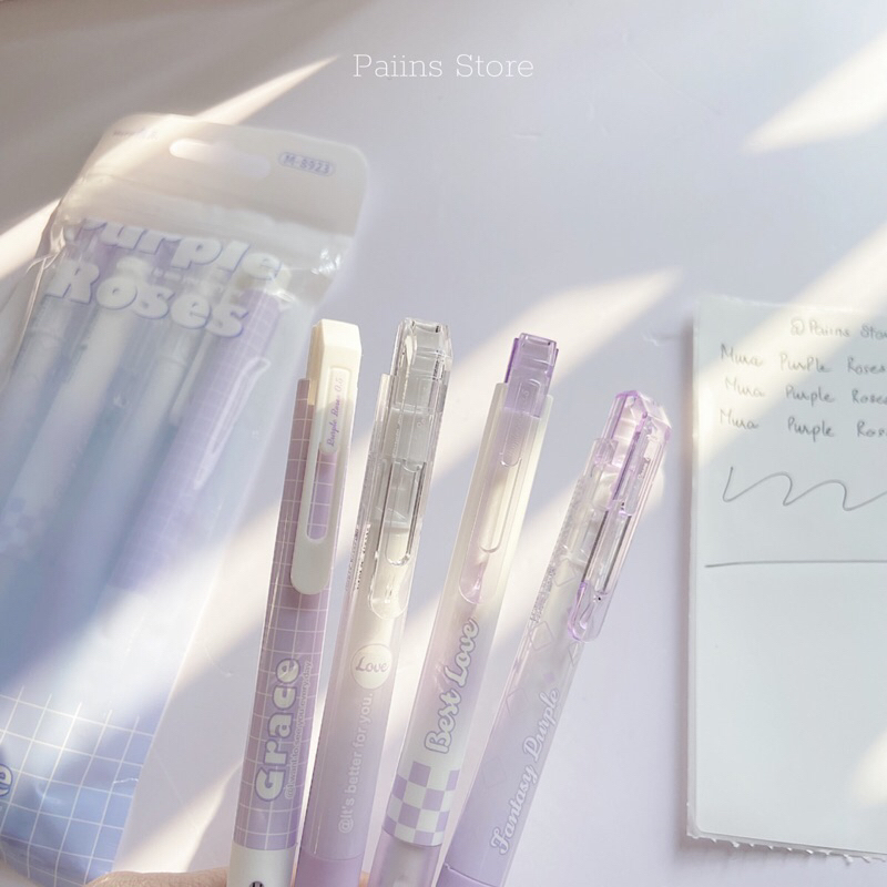 Bút gel bấm Mura Purple Roses mực đen ngòi 0.5mm
