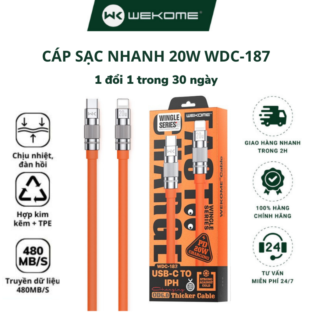 Dây sạc nhanh 20w WEKOME Wdc 187, cáp sạc C to LN chất liệu cao su cao cấp chống rối truyền dữ liệu dài 1m, 4 màu sắc...