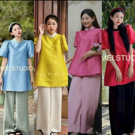 Set bộ thời trang TẾT2024 áo babydoll cổ tròn tay phồng tapta quần dài lụa thanh lịch sang trọng đi chơi tết,đi chùa