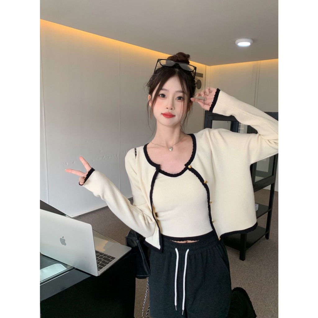 Set áo khoác cardigan 2 chi tiết kèm áo hai dây dáng trơn basic đen trắng siêu hot thu đông BUNNY