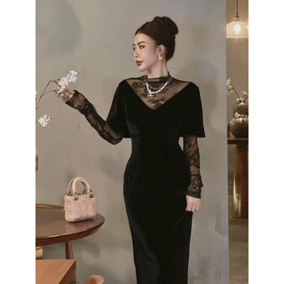 Váy nhung phối ren đen cao cấp chuẩn tag 𝐁𝐀𝐆𝐄𝐎