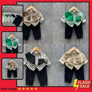 Bộ sơ mi kẻ chất đũi xốp hàn quần ka ki rách cho bé trai size 8-25kg
