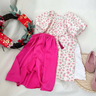 Set áo dài cách tân hoa nhí tay bồng xkid cho bé gái