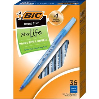 1 hộp 36 bút bi xanh bic round stic xtra life, medium point , pen tapping