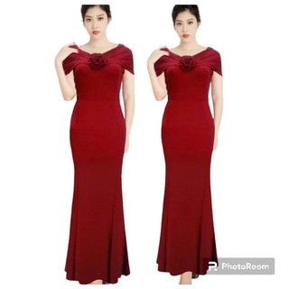 Đầm dạ hội trung niên đi tiệc kiểu trễ vai gắn hoa cổ vải nhũ mịn co giãn size lớn 75kg, Đầm dạ hội bệt vai đính hoa to