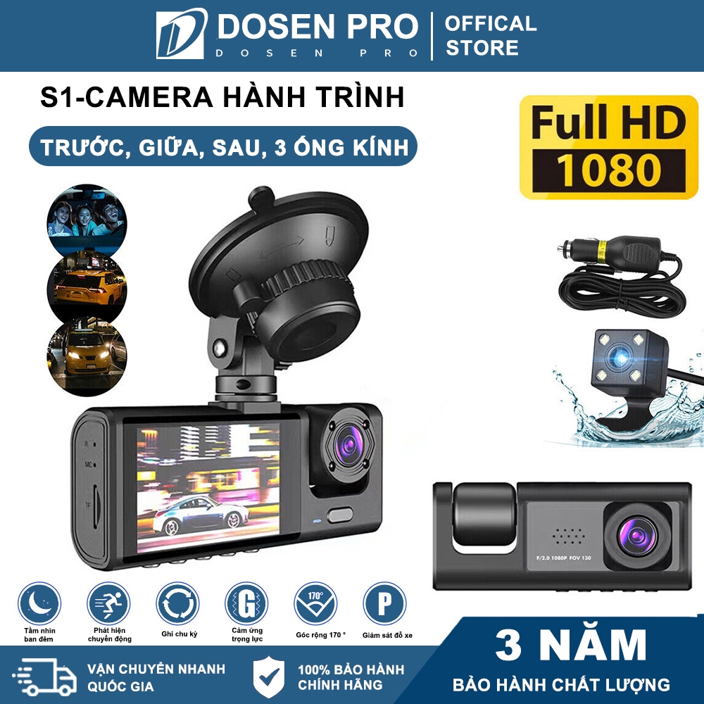 DOSEN PRO Camera hành trình ô tô Taxi hỗ trợ kết nối 3 mắt ghi hình tốc độ cao Wifi full HD 1080p hồng ngoại siêu nét