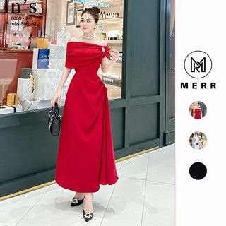 [MERR] Đầm Trễ Vai Tay Ngắn Kèm Tag Dáng Dài Nhún Sườn