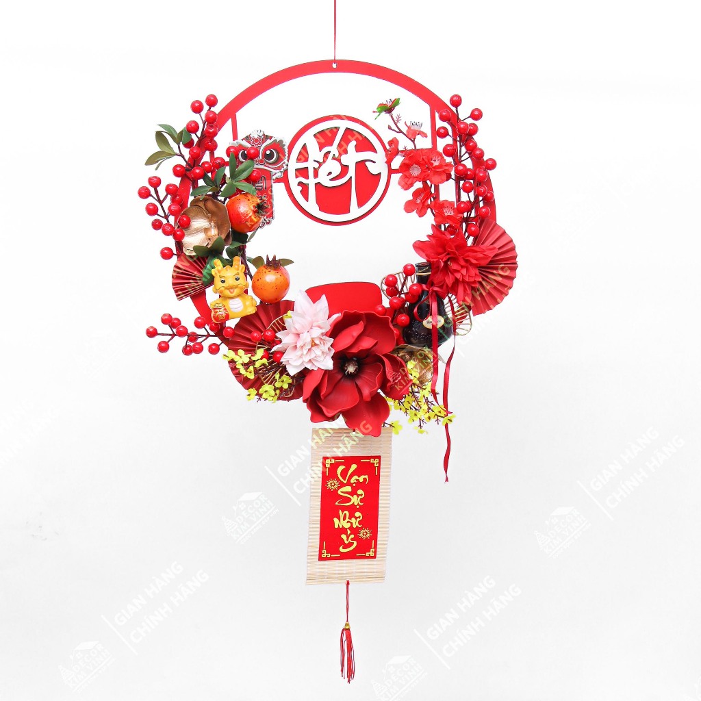 Vòng Hoa Tết H78 40cm Kèm Đèn, Vòng Hoa Trang Trí Tết Xuân