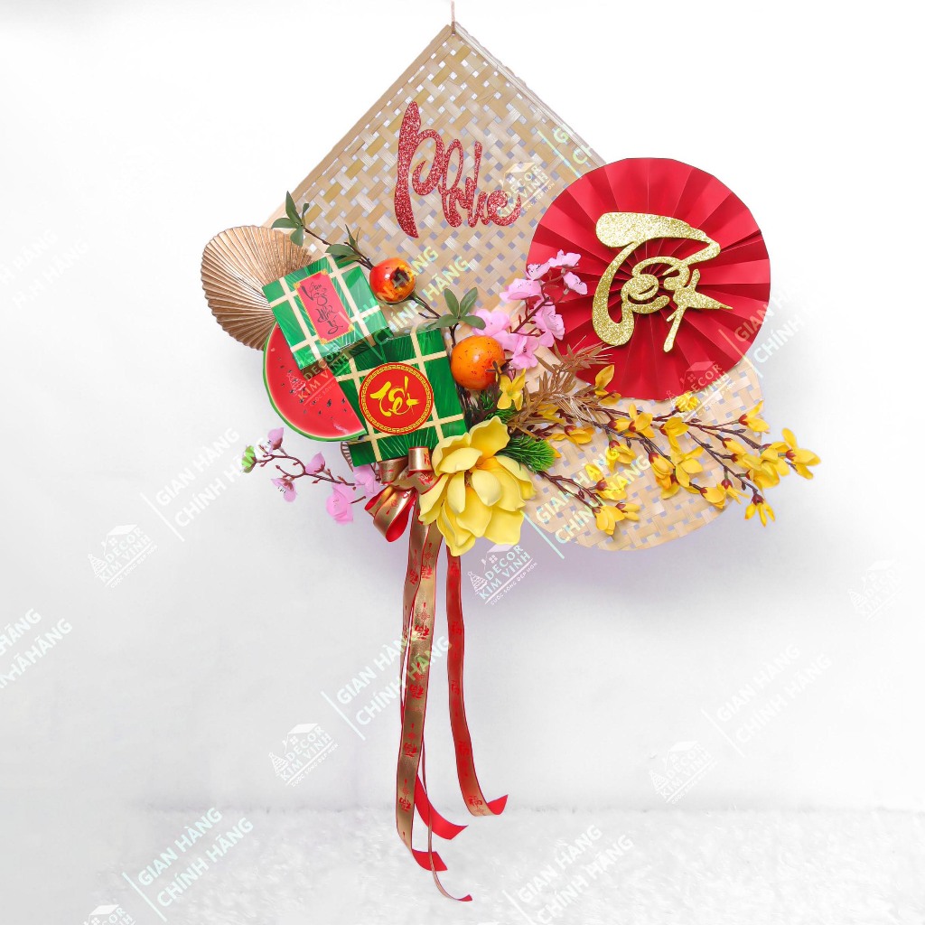 Mẹt Hoa Tết MET06 Mẹt Quạt Đỏ Tết 40cm Kèm Đèn, Mẹt Hoa Trang Trí Tết Xuân