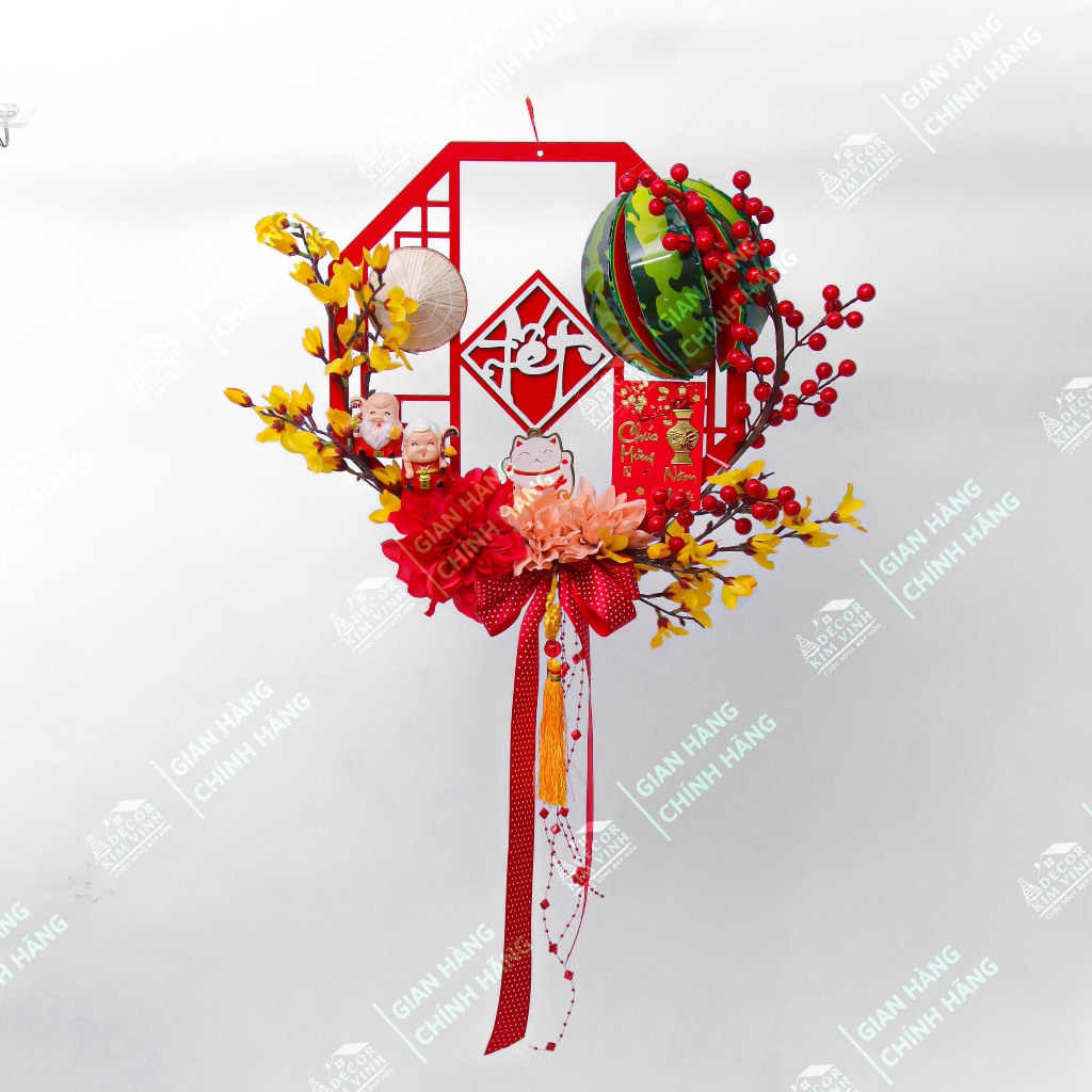 Vòng Hoa Tết H77 40cm Kèm Đèn, Vòng Hoa Trang Trí Tết Xuân