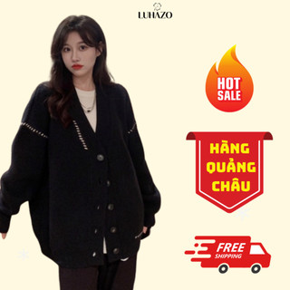 Áo cardigan nữ đen trắng form rộng dài LUHAZO khoác oversize, bigsize Retro D-16