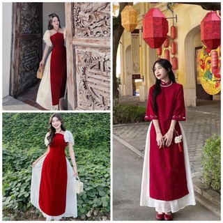 Sét áo dài đỏ cách tân mặc tết chất nhung thêu cổ và tay mix chân váy voan tơ 2 lớp duyên dáng thanh lịch