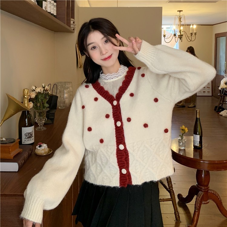 Áo cardigan LUHAZO áo khoác len đính hoa phong cách vintage Hàn Quốc cho nữ nổi bật phối màu đỏ đi chơi tết M405 CT-24